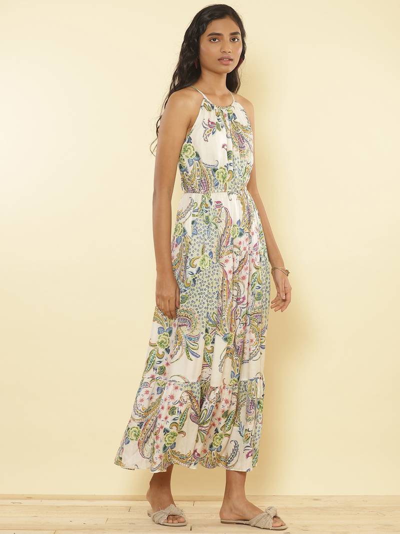 Halter Neck Printed Long Dress by LABEL