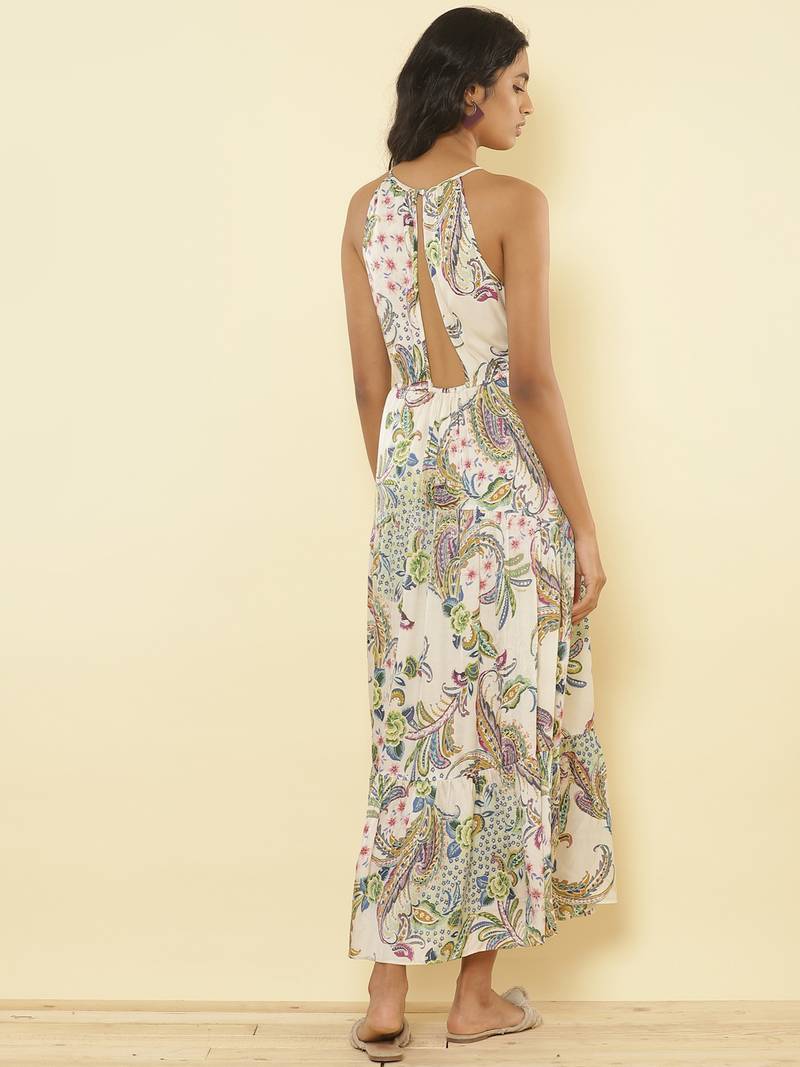 Halter Neck Printed Long Dress by LABEL