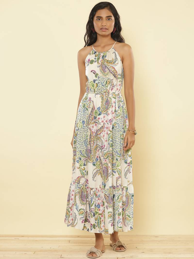 Halter Neck Printed Long Dress by LABEL