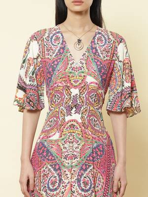 Round Neck Full Sleeves Printed Short Dress by LABEL 4