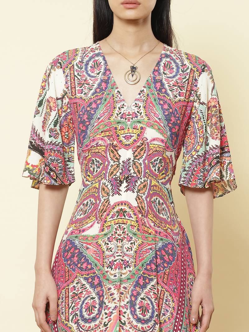 Round Neck Full Sleeves Printed Short Dress by LABEL