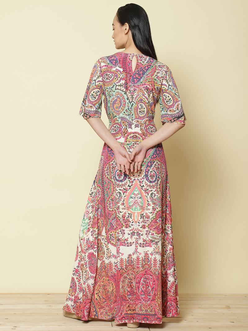 Round Neck Full Sleeves Printed Short Dress by LABEL