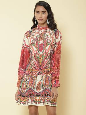 Round Neck Full Sleeves Printed Short Dress 2