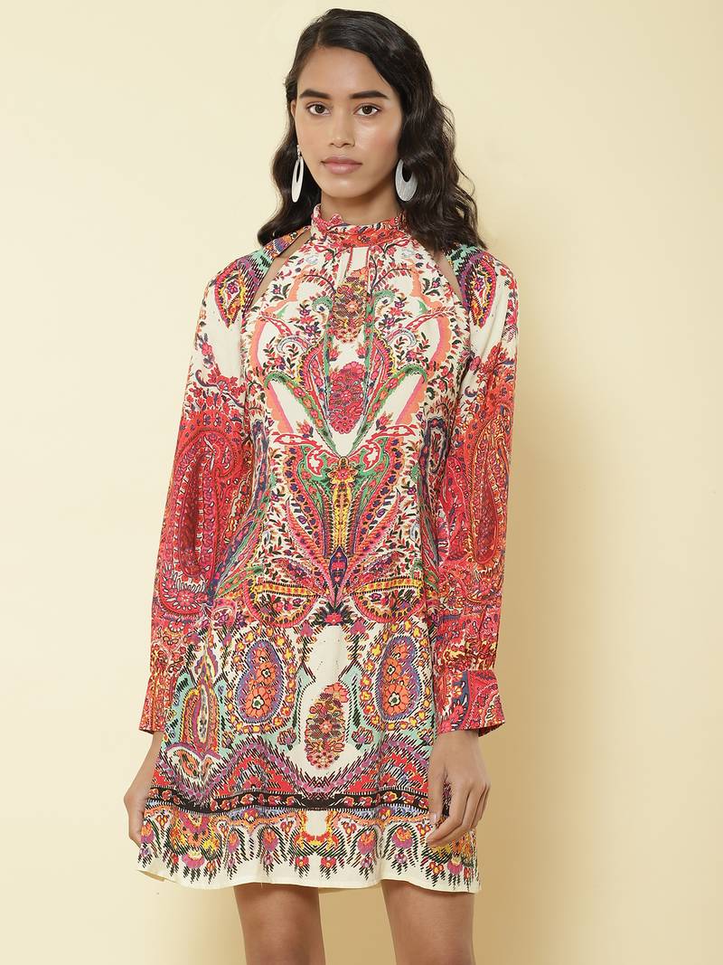 Round Neck Full Sleeves Printed Short Dress