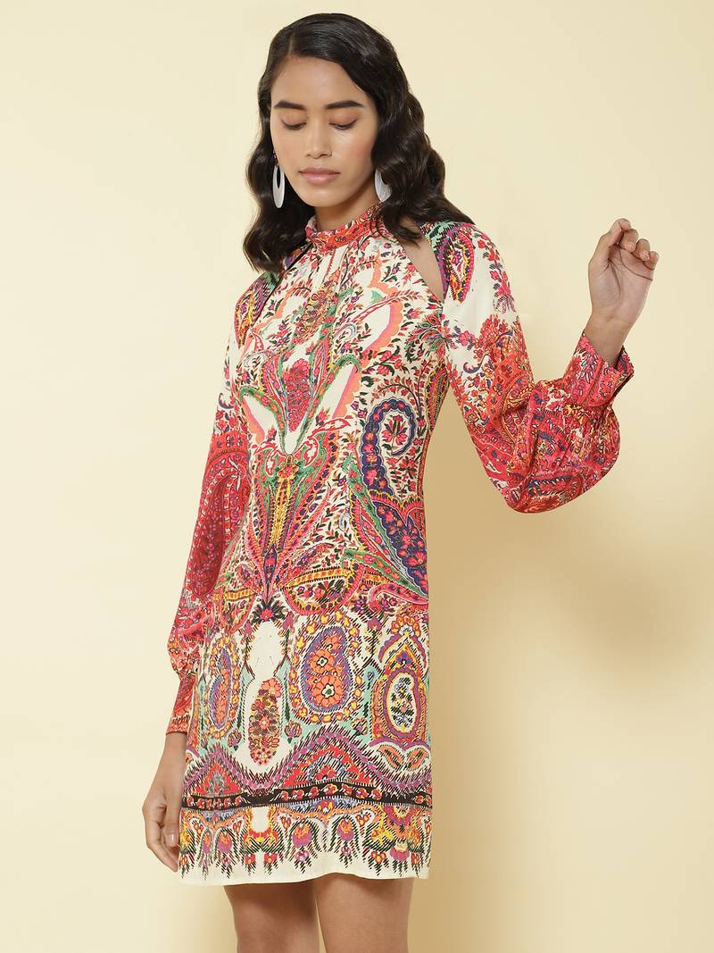 Round Neck Full Sleeves Printed Short Dress