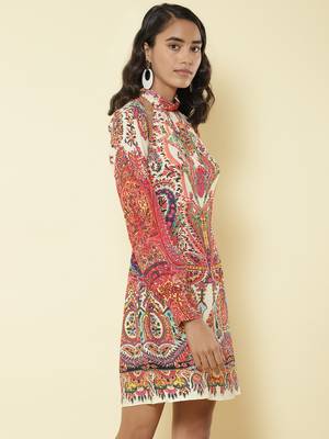 Round Neck Full Sleeves Printed Short Dress 4