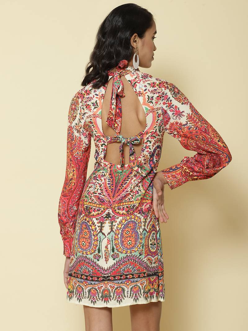 Round Neck Full Sleeves Printed Short Dress