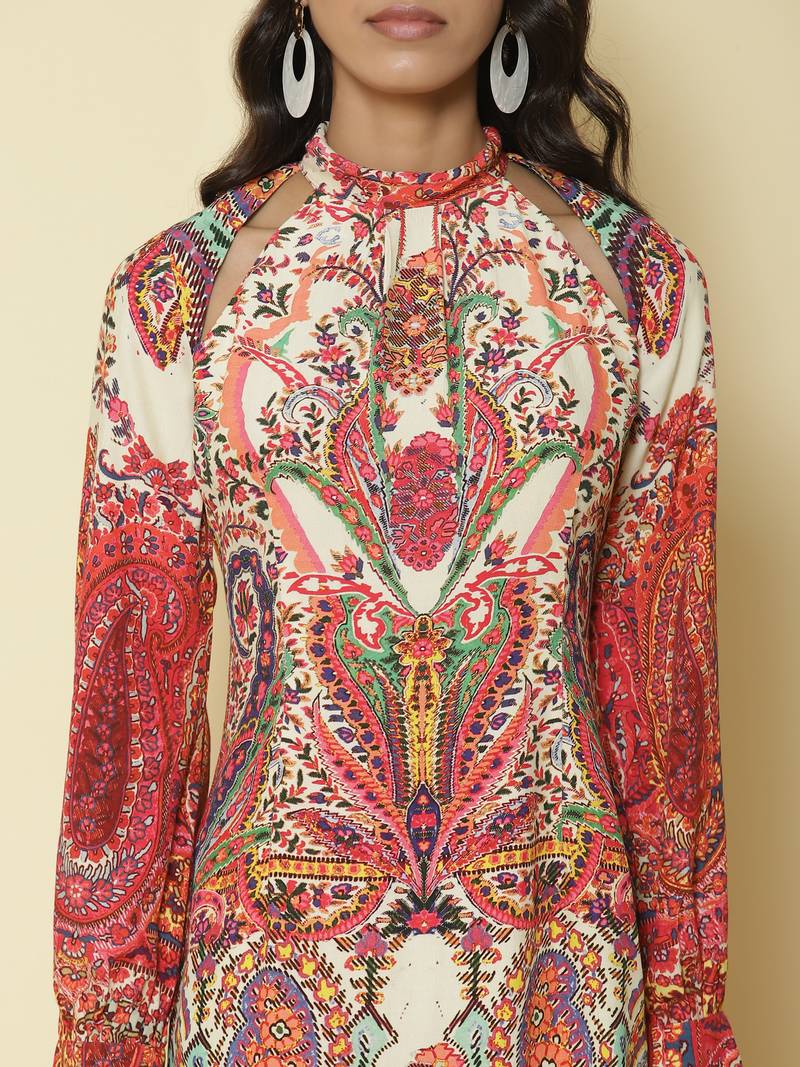 Round Neck Full Sleeves Printed Short Dress