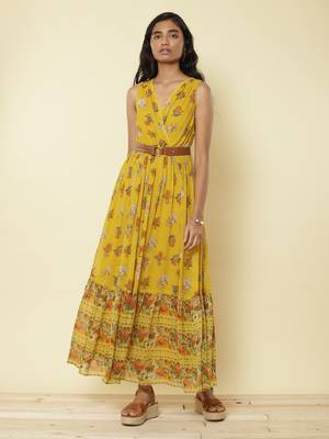 Mustard Yellow Floral Print Long Dress 1