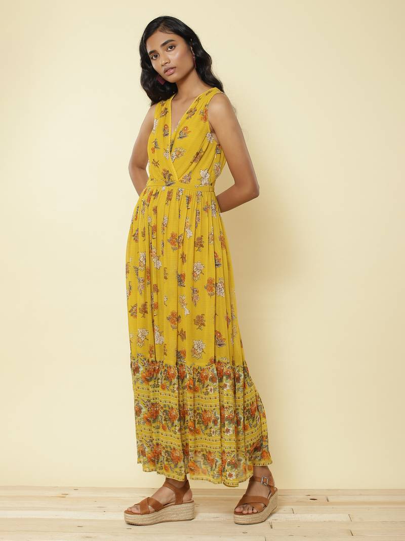 Mustard Yellow Floral Print Long Dress