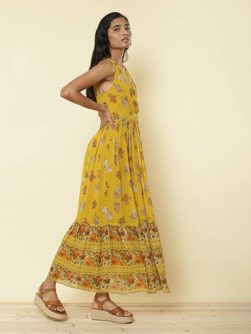 Mustard Yellow Floral Print Long Dress