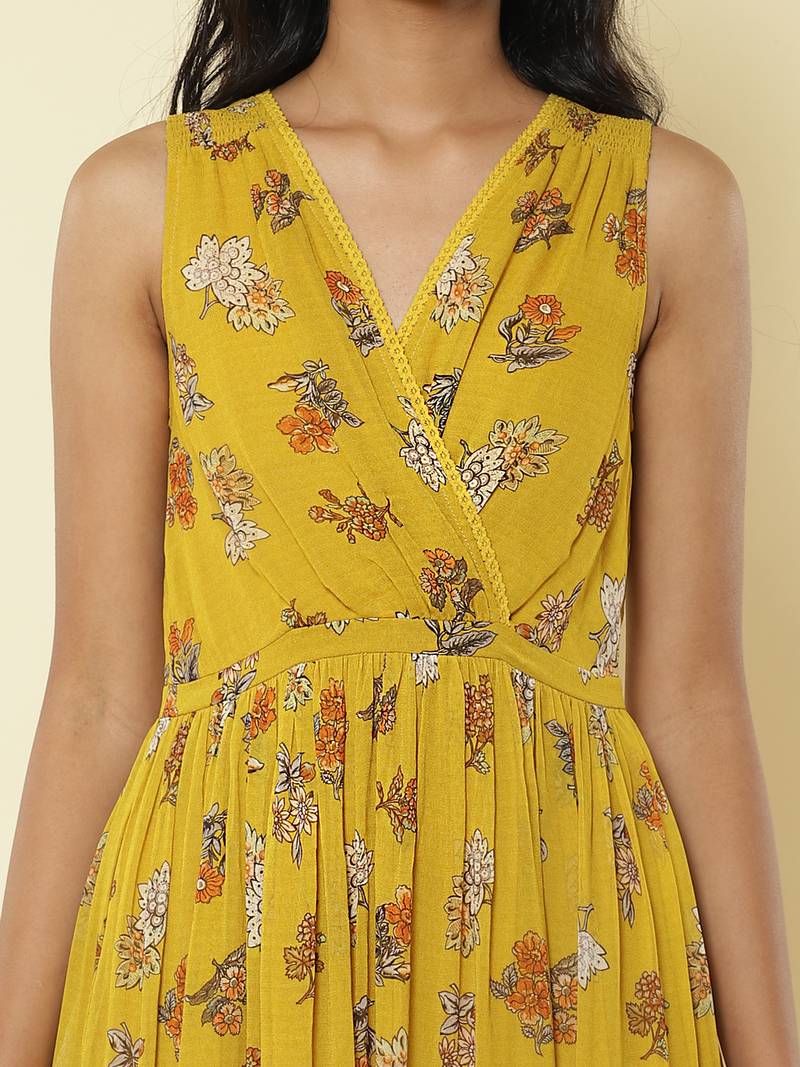Mustard Yellow Floral Print Long Dress