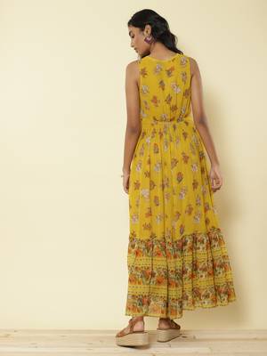 Mustard Yellow Floral Print Long Dress 5