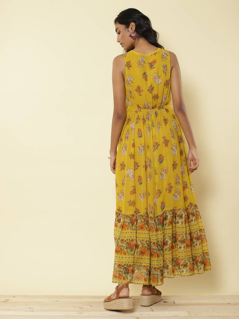 Mustard Yellow Floral Print Long Dress