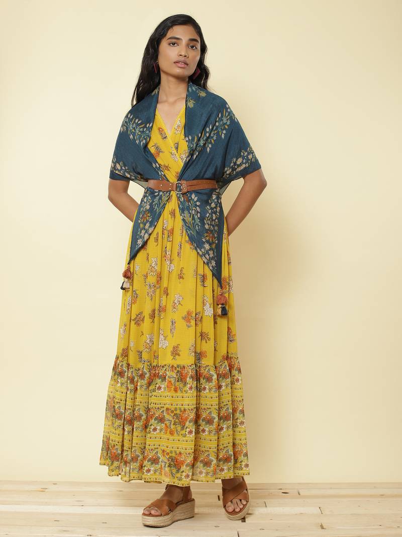 Mustard Yellow Floral Print Long Dress