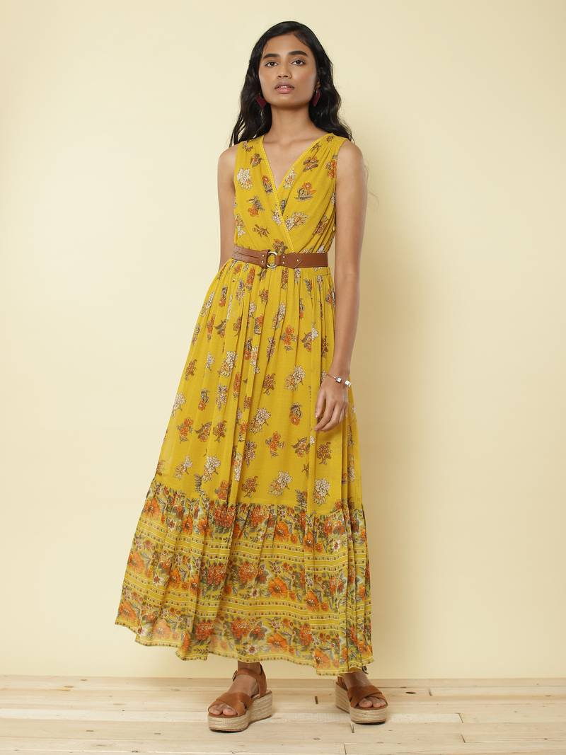 Mustard Yellow Floral Print Long Dress