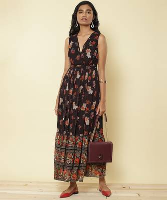 Black Floral Print Long Dress 1