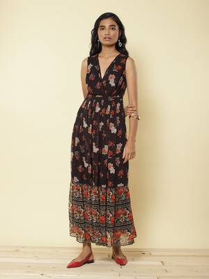 Black Floral Print Long Dress 2