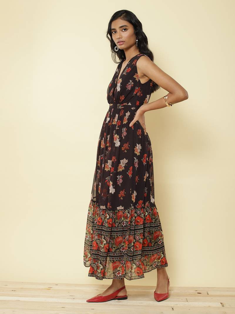 Black Floral Print Long Dress