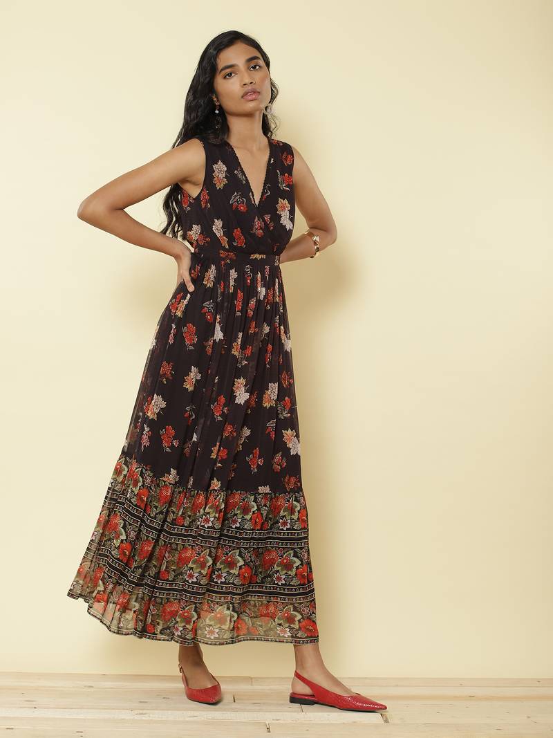 Black Floral Print Long Dress