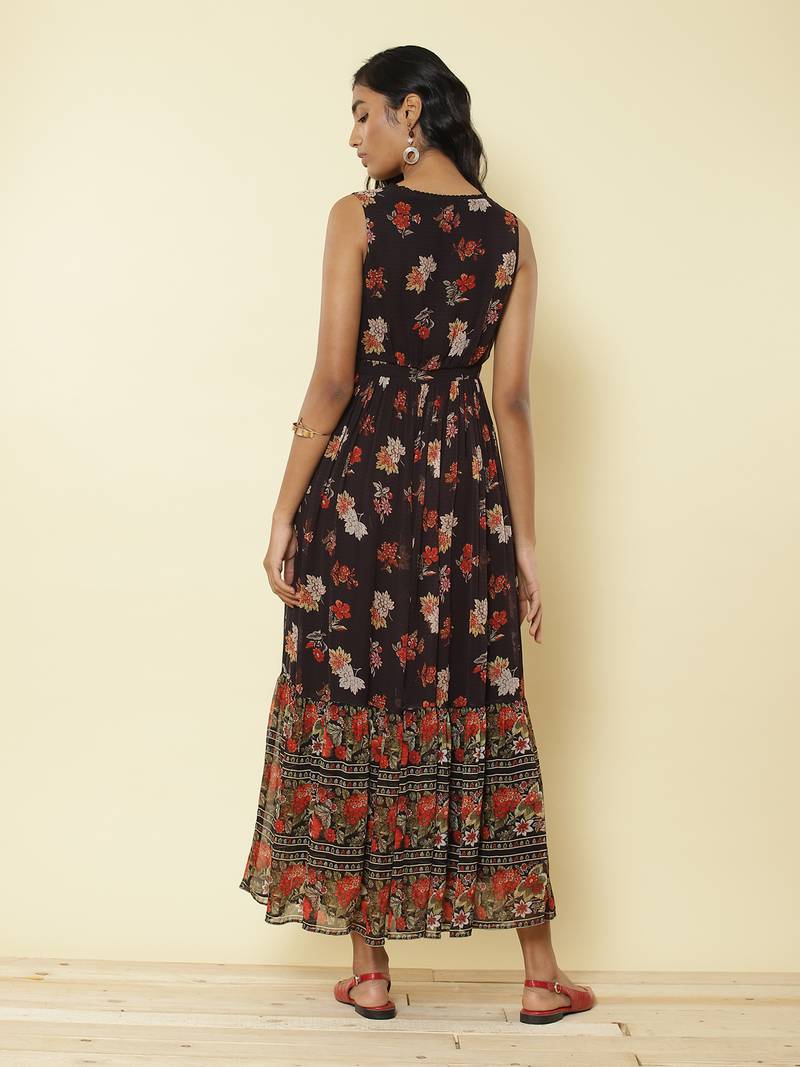 Black Floral Print Long Dress