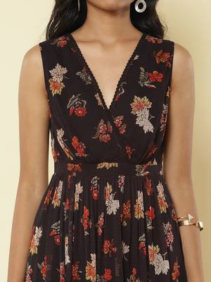 Black Floral Print Long Dress 6