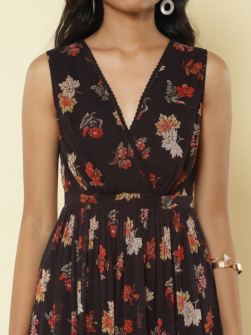 Black Floral Print Long Dress