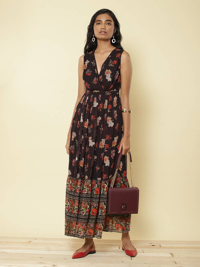 Black Floral Print Long Dress