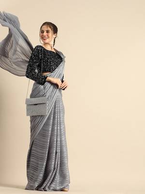 Woven Striped Zari Designer Grey Color Saree for Women 1