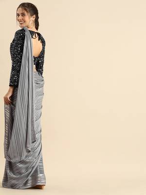 Woven Striped Zari Designer Grey Color Saree for Women 2