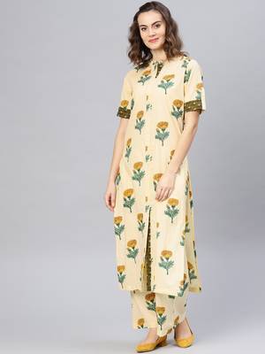 Yellow printed cotton kurta set 1