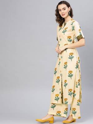 Yellow printed cotton kurta set 2