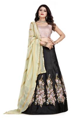 Black Peach Embroidered Taffeta Silk Lehenga Choli With Blouse Piece 1