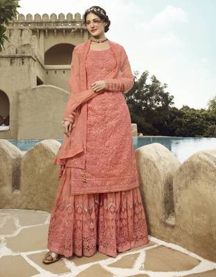 Peach embroidered net salwar 1