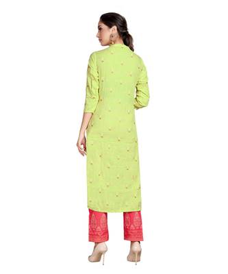 Green Color Rayon Embroidered Festival Wear Straight kurta With Palzzo Set 2