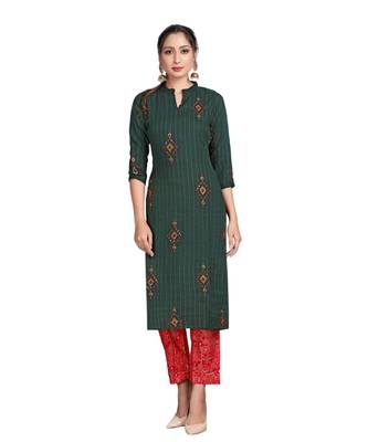 Green Color Rayon Embroidered Festival Wear Straight kurta With Palzzo Set 1
