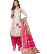Women's Off White & Pink Cotton Printed Readymade Patiyala Suit Set with Mask
