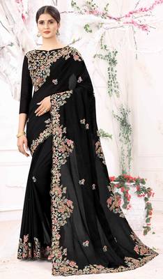 Black Embroidered Designer Soft Silk Zari Saree With Blouse 1