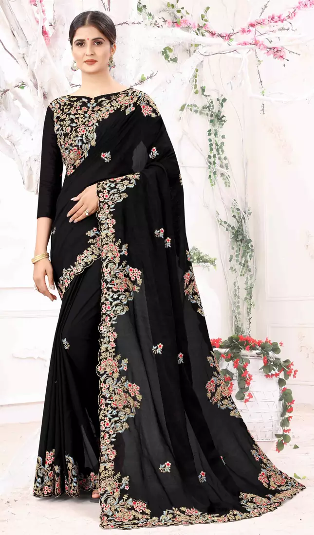 Black Embroidered Bollywood Designer Silk Saree With Blouse