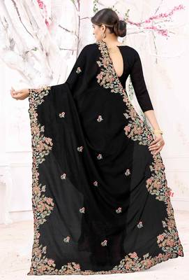 Black Embroidered Designer Soft Silk Zari Saree With Blouse 2