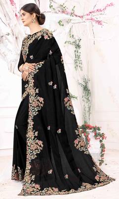 Black Embroidered Designer Soft Silk Zari Saree With Blouse 3