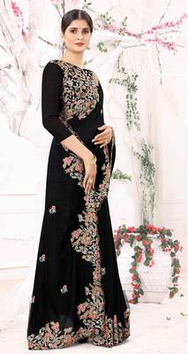Black Embroidered Designer Soft Silk Zari Saree With Blouse 4