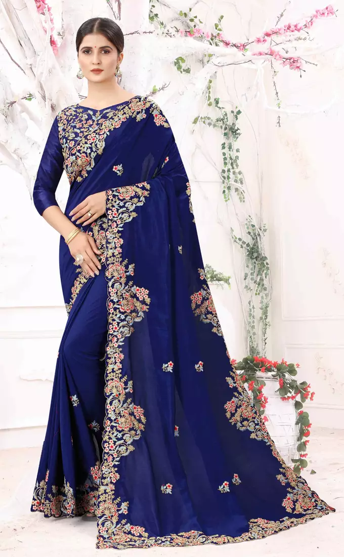 Blue Embroidered Bollywood Designer Silk Saree With Blouse