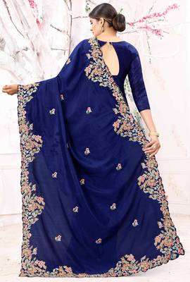 Blue Embroidered Bollywood Designer Silk Blend Saree With Blouse 2