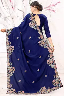 Blue Embroidered Bollywood Designer Silk Blend Saree With Blouse