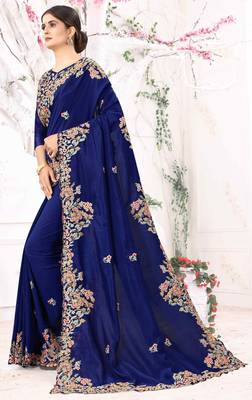 Blue Embroidered Bollywood Designer Silk Blend Saree With Blouse 3