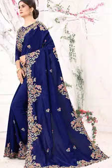 Blue Embroidered Bollywood Designer Silk Blend Saree With Blouse