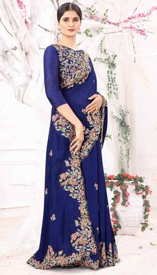 Blue Embroidered Bollywood Designer Silk Blend Saree With Blouse 4