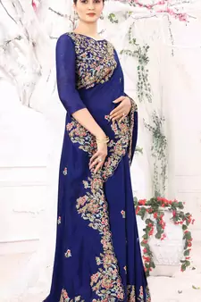 Blue Embroidered Bollywood Designer Silk Blend Saree With Blouse
