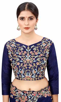 Blue Embroidered Bollywood Designer Silk Blend Saree With Blouse 5